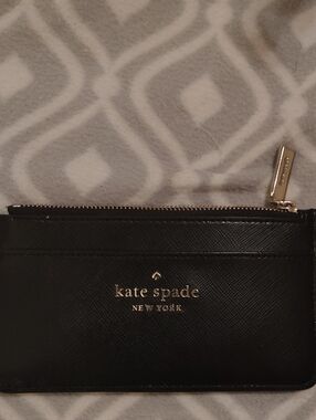kate spade Black Leather Zip Card Holder with Gold Logo